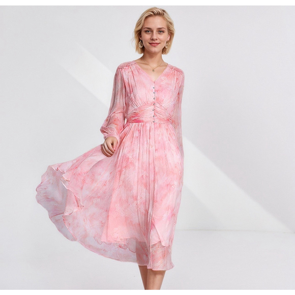 Real Silk Life Dresses & Skirts - Romantic Silk Midi Dress Long Sleeve For Vacation M NWT 100% silk MSRP $399